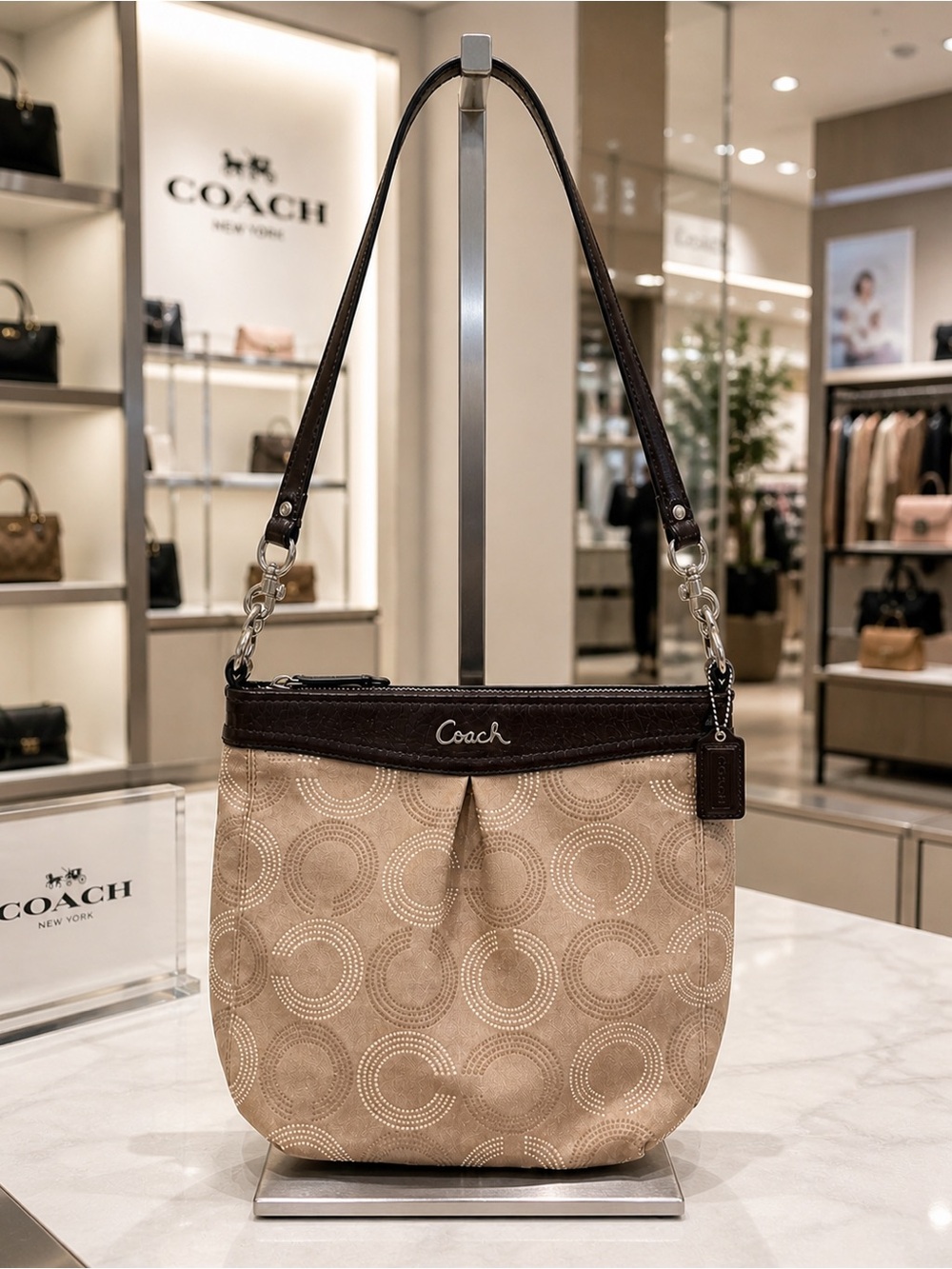 Coach Signature Jacquard Crossbody Bag Brown Leather Trim - Picture 2 of 12
